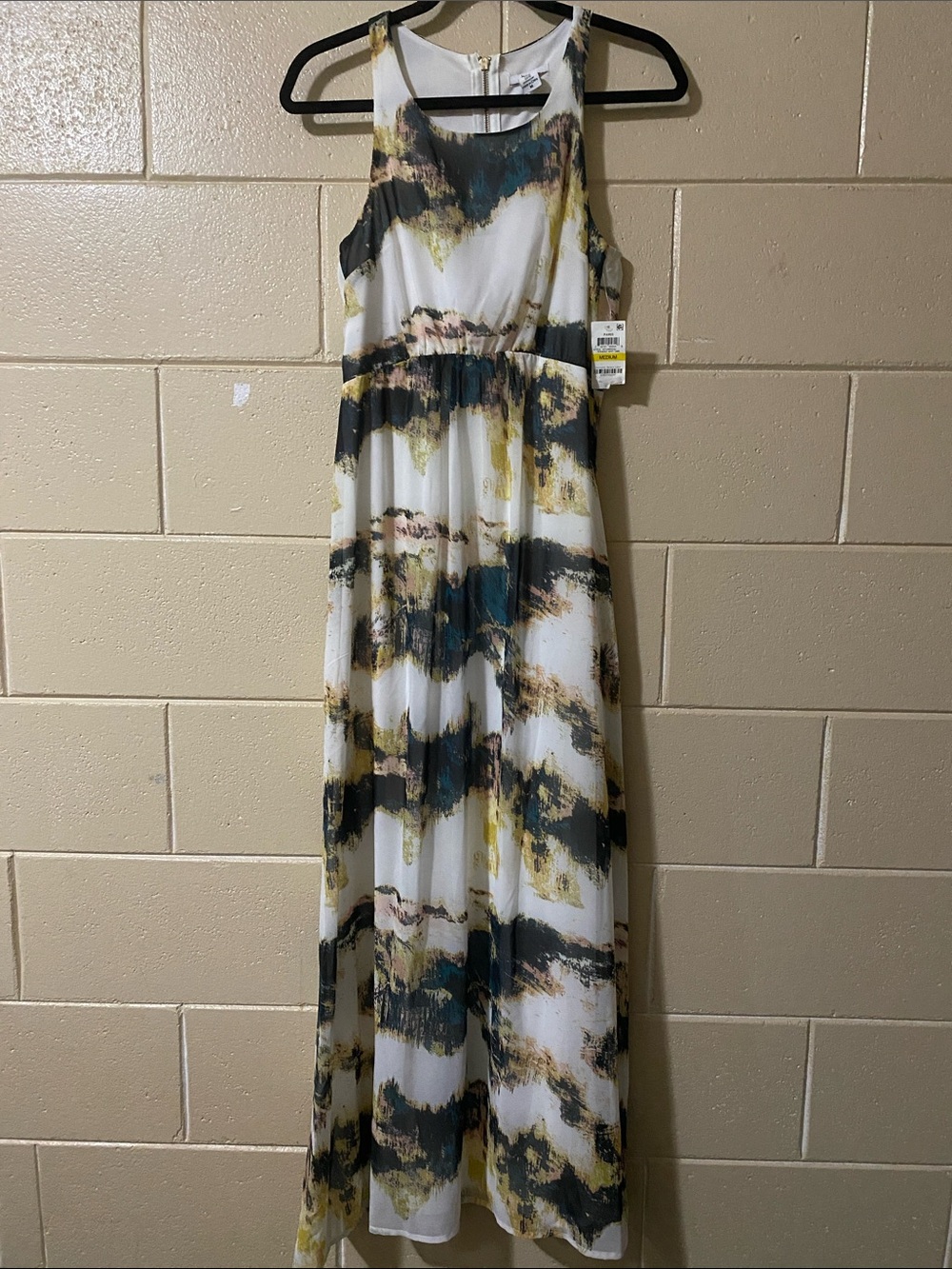Bar III White Maxi Dress with Black, Gold & Teal Brushstroke Print